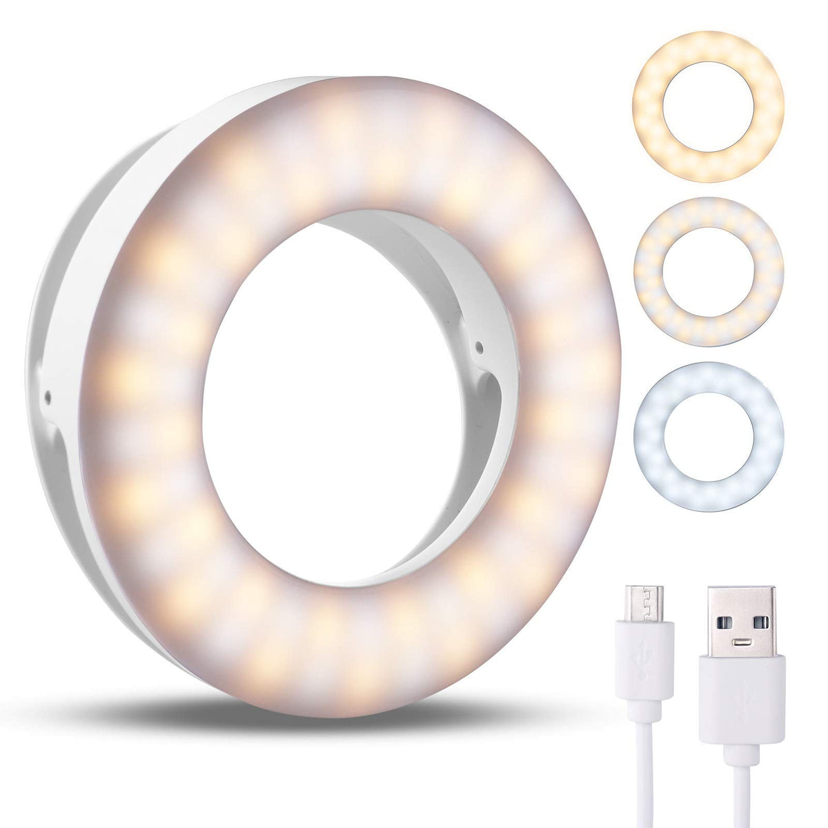 Rechargeable Clip-On Selfie Ring Light – 3 Light Modes & 4 Brightness Levels | iPhone & Android