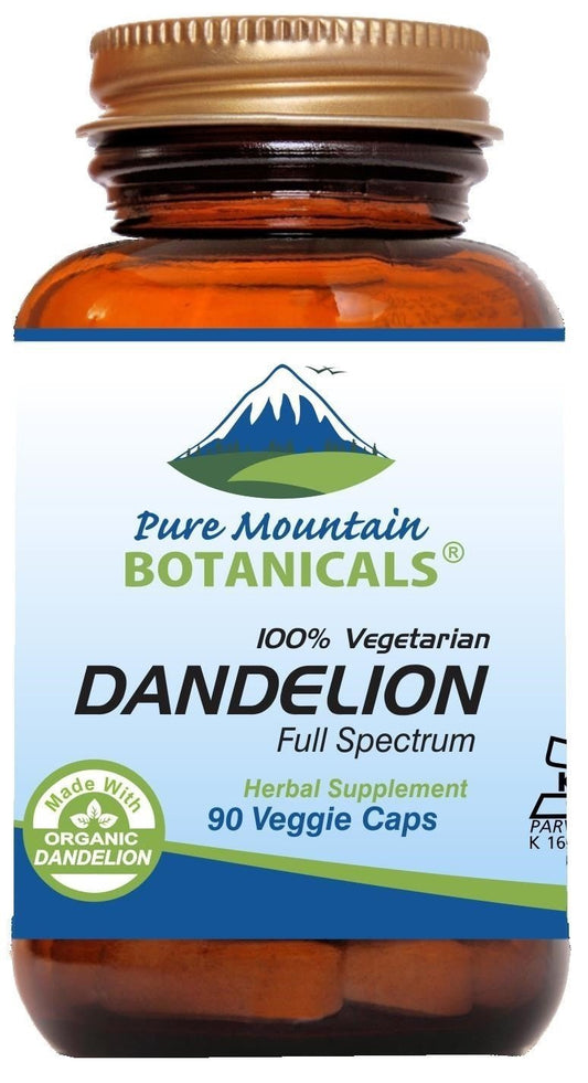 Pure Mountain Botanicals Dandelion Root Capsules - 90 Kosher Vegan Caps with 450mg Organic Dandelion Root Powder Supports Detox & Digestion Vegetarian Gluten-Free No Fillers or Additives