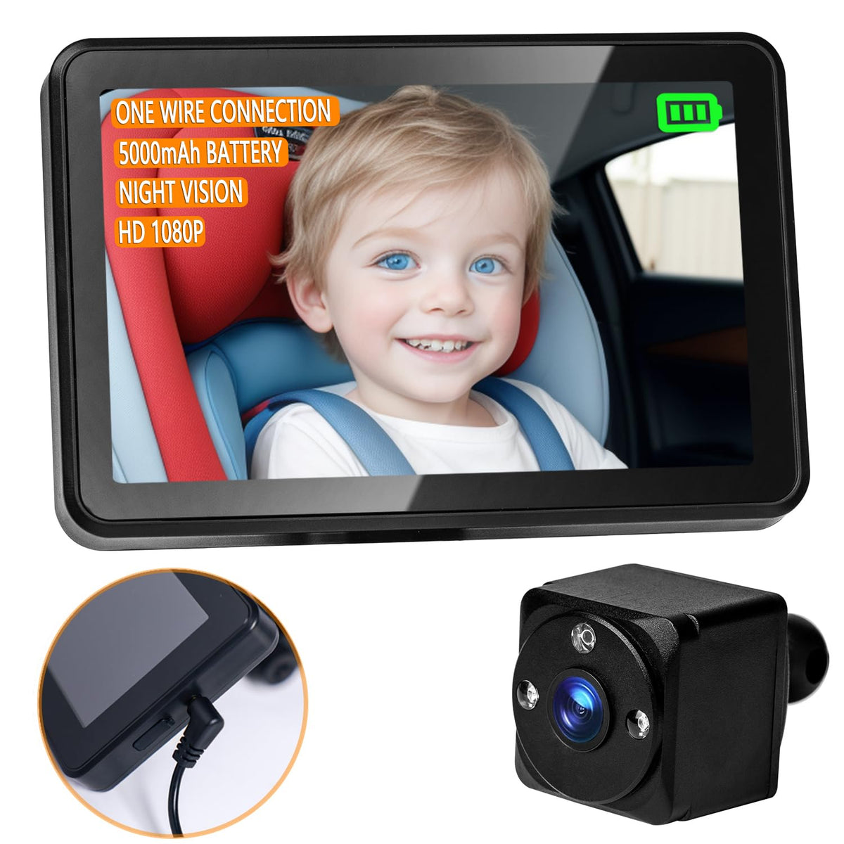 One-Wire Connection Baby Car Camera 1080P Car Baby Monitor with Rechargeable 5000 mAh Battery Night Vision Camera with USB Powered Easy to Install Rear Facing Backseat Screen for Parents
