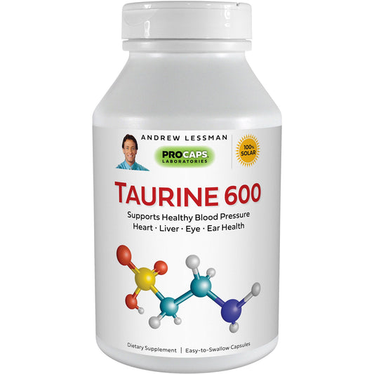 ANDREW LESSMAN Taurine 600-60 Capsules – Supports Healthy Blood Pressure Heart Liver Eye and Ear Health. Pure High Potency Source of The Amino Acid Taurine. No Additives