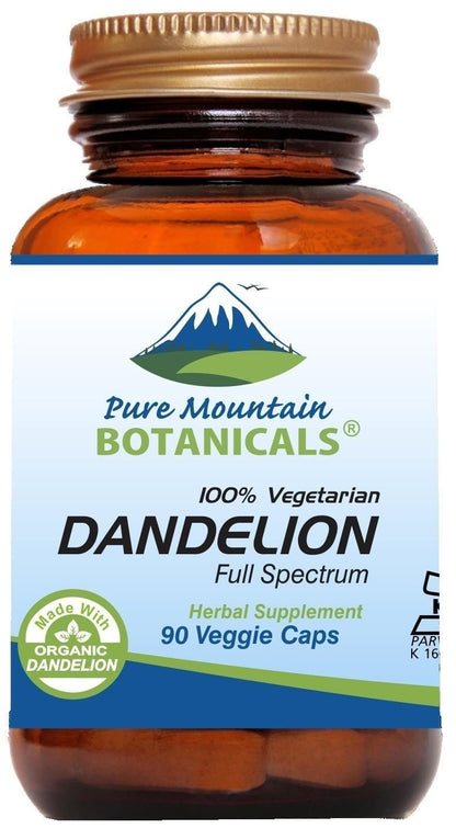 Pure Mountain Botanicals Dandelion Root Capsules - 90 Kosher Vegan Caps with 450mg Organic Dandelion Root Powder Supports Detox & Digestion Vegetarian Gluten-Free No Fillers or Additives