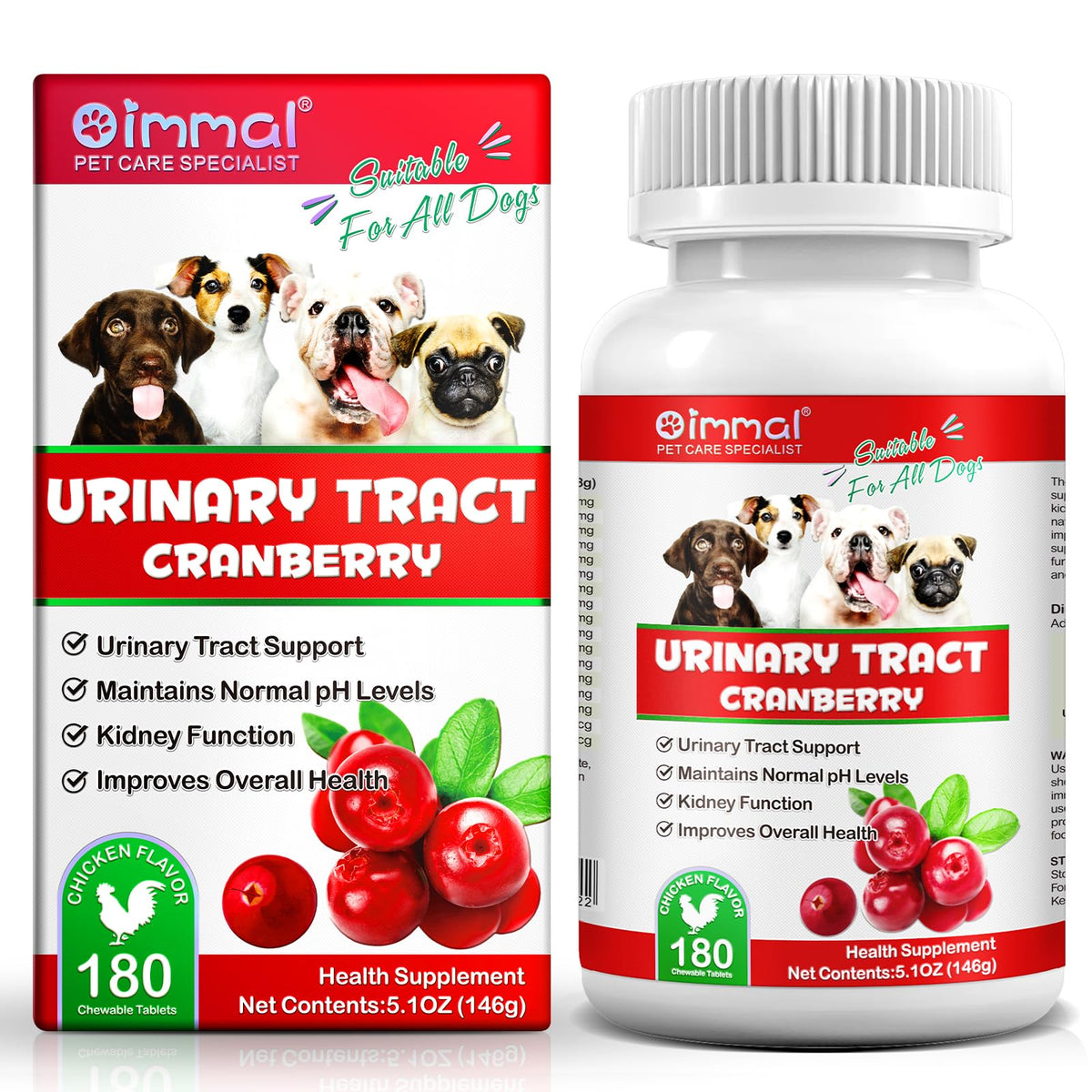 Cranberry for Dogs 180P Cranberry Urinary Tablets for Dogs - Supports Bladder Infection Urinary Tract Bladder Stone & Dog UTI Pet Supplement Treats for Dogs Chicken Flavor - 180P Chewable Tablets