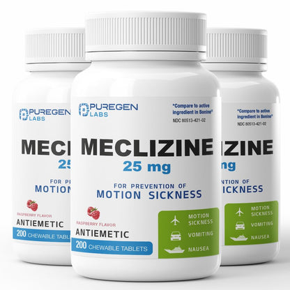 Puregen Labs Meclizine 25 mg Antiemetic 200 chewable Tablets | Motion Sickness Relief - Prevent Nausea Vomiting and Dizziness | Dairy Free | Made in USA | Value Pack – Total 600 chewable Tablets
