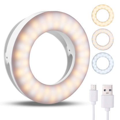 Rechargeable Clip-On Selfie Ring Light – 3 Light Modes & 4 Brightness Levels | iPhone & Android
