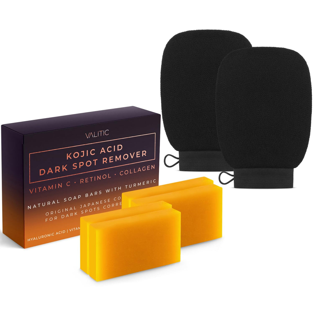 Valitic 4 Pack Kojic Acid Dark Spot Corrector Soap Bars with Vitamin C Retinol Collagen Turmeric - Original Japanese Complex with Hyaluronic Acid & A Pair of Black Exfoliating Gloves for Body Scrub