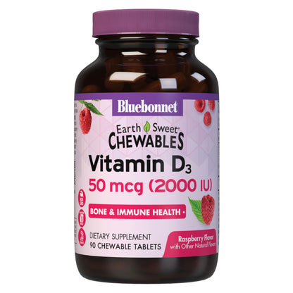 Bluebonnet Nutrition Earth Sweet Vitamin D3 2000 IU Chewable Tablets Aids in Muscle and Skeletal Growth D3 Non GMO Gluten Free Soy Free Milk Free Kosher 90 Chewable Tablets Raspberry Flavor