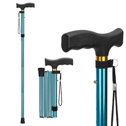 supregear Folding Cane Lightweight 5-Level Height Adjustable Walking Stick with Wrist Strap and T Handle Travel Cane for Elderly Disabled Men Women Balancing Mobility Aid Portable Cane Blue
