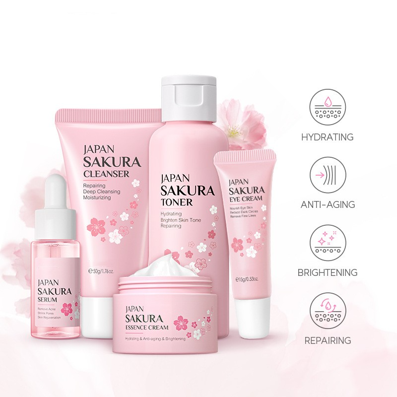 Japan Sakura 5-Piece Skincare Set – Cleanser, Toner, Serum, Eye Cream & Moisturizer