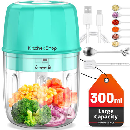 Rechargeable Portable and Cordless Mini Food Processor 300ML with Stainless Steel Blade Electric Garlic Chopper Vegetable Chopper Blender for Nuts Chili Onion Minced Meat and Spices BPA-Free(Green)