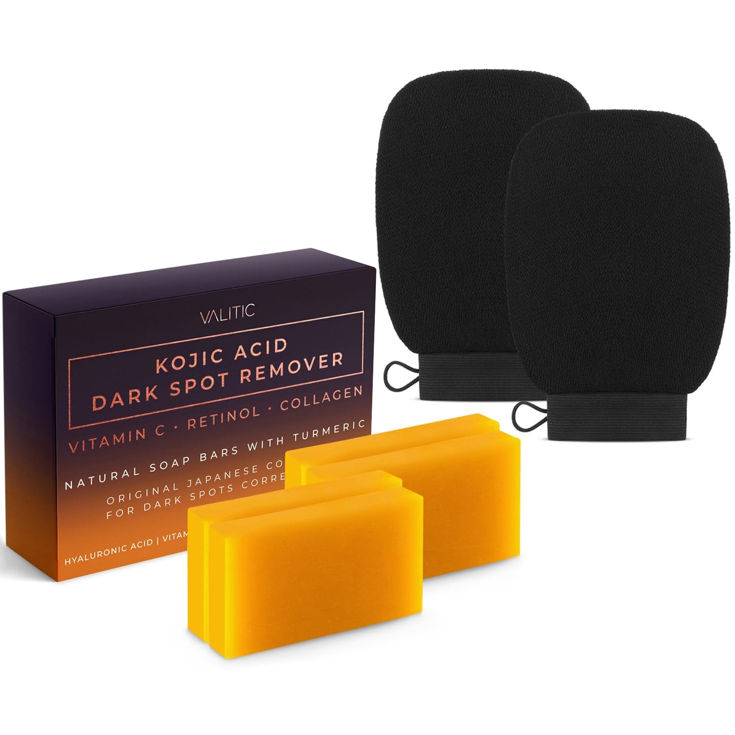 Valitic 4 Pack Kojic Acid Dark Spot Corrector Soap Bars with Vitamin C Retinol Collagen Turmeric - Original Japanese Complex with Hyaluronic Acid & A Pair of Black Exfoliating Gloves for Body Scrub
